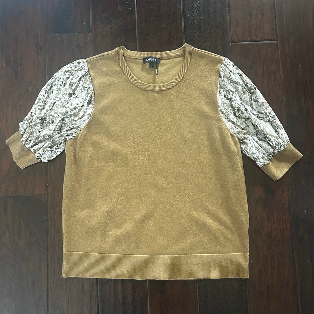 DKNY Womens Camel Tan Sweater Snakeskin Puff Short Sleeve size‎ L Office Career